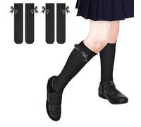 TRAMLE Calze al ginocchio con fiocco per ragazze, 2 paia (4-12 anni), calze in cotone nero o bianco con fiocchi per scuola superiore, Nero , 4-7 Years