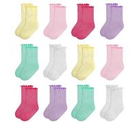 TRAMLE Calzini per bambine e ragazze, confezione da 12 paia di calzini con bordo increspato e risvolto alla caviglia, per bambine da 0 a 6 anni, Colorato., 0-12 Months