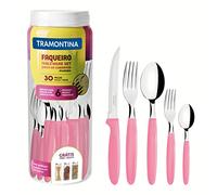 Tramontina Set di Posate Ipanema in Acciaio Inox e Manici in Polipropilene Rosa e Pentola in Plastica 30 Pezzi