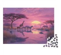 Tramonto al lago Sam, dove gli animali bevono acqua in armonia Puzzle 1000Pcs Decorazione Per La Casa. Rilassamento E Intelligence Per Adulti E Bambini Da 14 Anni 1000pcs (75x50cm)