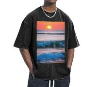 Tramonto e alba con onde oceaniche del mare Stampa Facile Accogliere diversi tipi di corpo Casual Manica Corta Traspirabilità Moda, Nero , L