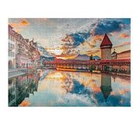 Tramonto nel centro storico di Lucerna con il famoso ponte della cappella e il lago di Lucerna, Canton Lucerna, Svizzera - Puzzle Premium da 1000 pezzi per adulti