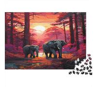 Tramonto nella foresta degli elefanti|Stile arte digitale Vibrant| Puzzle Divertenti Per Tutta La Famiglia 38x26cm/1000pcs Adulti