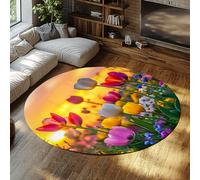 Tramonto Paesaggio Tappeto Rotondo Antiscivolo Lavabile Romantico Tulipano Campo Tappeti Tappeti A Pile Basso per Camera Da Letto Soggiorno Ingresso 120cm