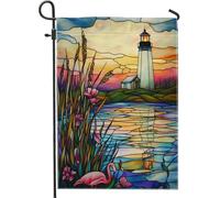 Tranquil Coastal Lighthouse Garden Flag, Pesca Tropical Bird e Floral Home Decor Banner, Double Face Stained Glass Style Outdoor Lawn Decoration Summer Seaside Party Decor 30,5 x 45,7 cm
