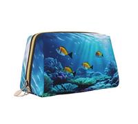 Tranquil Underwater Scenery Print Leather Portable Zipper Makeup Bag Cosmetic Pouch Travel Organizer Toiletry Clutch