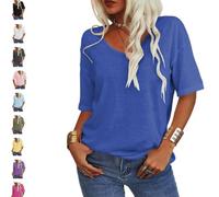 Tranquilm Women's Solid Color V-Neck T-Shirt, Fashion Solid Color V-Neck T-Shirt, Casual Summer Half Sleeve Loose Fit (IT, Testo, XL, Regular, Regular, Blue)
