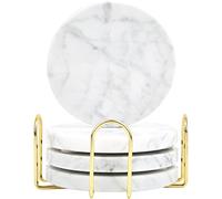 TransMarble Set di 4 sottobicchieri per bevande con supporto in metallo, realizzati in marmo naturale selezionato come regalo di lusso per la casa (rotondo, bianco carrara)