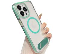 Transparent Phone Case with Adjustable Kickstand for iPhone, Military-Grade Shockproof Bumper, Slim Transparent Acrylic Back Cover, Crystal Clear Design (Green,For iPhone14Plus)