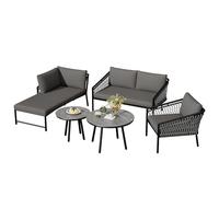 Transplant Set di 5 mobili da giardino con corda intrecciata e tavolo in vetro, telaio in acciaio zincato (inossidabile) + cuscino comfort da 8 cm, resistente alle intemperie, per balcone, terrazza