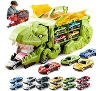 Transport Dinosaur Truck with Foldable Sliding, 2026 New inosaur Transport Truck Toy with 4/8/12 Alloy Car&Ejection Folding Track, Portable Monster Trucks Set,Christmas Birthday Gift (Green,12cars)