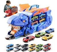 Transport Dinosaur Truck with Foldable Sliding, 2026 New inosaur Transport Truck Toy with 4/8/12 Alloy Car&Ejection Folding Track, Portable Monster Trucks Set,Christmas Birthday Gift (Blue,12cars)