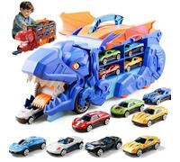Transport Dinosaur Truck with Foldable Sliding, 2026 New inosaur Transport Truck Toy with 4/8/12 Alloy Car&Ejection Folding Track, Portable Monster Trucks Set,Christmas Birthday Gift (Blue,4cars)
