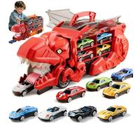 Transport Dinosaur Truck with Foldable Sliding, 2026 New inosaur Transport Truck Toy with 4/8/12 Alloy Car&Ejection Folding Track, Portable Monster Trucks Set,Christmas Birthday Gift (Red,4cars)