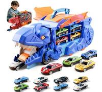 Transport Dinosaur Truck with Foldable Sliding, 2026 New inosaur Transport Truck Toy with 4/8/12 Alloy Car&Ejection Folding Track, Portable Monster Trucks Set,Christmas Birthday Gift (Blue,8cars)