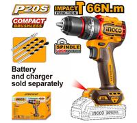 Trapano a percussione a batteria brushless 66Nm Nudo