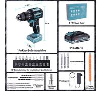 Trapano a percussione senza spazzole a batteria - Coppia 24+3, LED per notte/battardino, motore Durata della durata più lunga del 70%, mandrino in metallo da 10 mm, batteria da 21 V Blue/Black