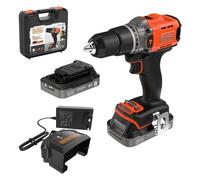 Trapano/avvitatore a percussione a batteria BLACK+DECKER POWERCONNECT con 2 batterie da 2,0 Ah, caricabatterie da 1 A e custodia BCD383D2XK