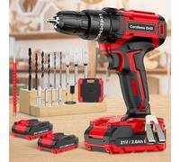 Trapano Avvitatore Batteria 21V, Avvitatore a Batteria con 2 Batterie da 2.0Ah, 42N.m Trapano Percussione, 25+3 Coppie, 2 Velocità, 14 Accessori, Luce a LED Per Fai da te, Casa e Giardino