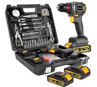 Trapano senza fili, 120 pezzi, 20 V, set di trapano a batteria con mandrino senza chiave in metallo da 3/8" e frizione 25+3 con impatto, 2 batterie da 2,0 Ah e caricabatterie rapido, velocità