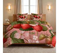 Trapunta 4 stagioni, 240 x 220 cm, in stile rustico, piante, morbida e calda, per tutto l'anno, senza fodera con 2 federe, frutta, fragole, fiori, foglie verdi, per ragazzi e adolescenti