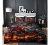 Trapunta da 240 x 220 cm, per tutto l'anno, lupo epico, drago di fuoco | Piumino caldo per 4 stagioni, motivo animali fantasia, senza rivestimento, arancione, lavabile, con federa da 80 x 80 cm