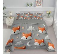 Trapunta Invernale Matrimoniale per Bambini, Piumino Trapuntato Reversibile Arte Per L'Asilo Set Biancheria Da Letto Nuvole Faccia Volpe Leggero e Caldo con Federe - Lavabile in Lavatrice, Grigio