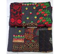 Trapunta Kantha con ricami in stile vintage, con cuscino decorativo Khambadiya Kantha, kambadiya kantha, copriletto con 2 federe (nero, 150 x 220 cm)