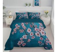 Trapunta Matrimoniale Per Bambini, Con Stampa Fiori Di Ciliegio Ad Acquerello, Trapunta 4 Stagioni, Paesaggio Giapponese, Piumone Blu Scuro, Letto 200X200 Federa, Reversibile Piumino Senza Copertina
