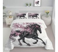Trapunta Matrimoniale Per Bambini Con Stampa Giapponese Fiori Ciliegio, Trapunta 4 Stagioni, Correre Cavallo Oscuro, Piumone Bianco, 240x220cm Letto Trapuntato + 2 Federa, Reversibile Piumino