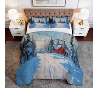 Trapunta Paesaggio Naturale Morbida, Piumone Double Face Casa Colonica Baita Nella Foresta Fiocchi Neve Copriletto Trapuntato Leggero per Estate e Inverno, Piumino Anallergico Lavabile 200 x 200 cm