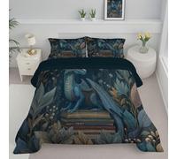 Trapunta Reversibile Libri E Draghi Piumino Letto Matrimoniale 4 Stagioni Fantasy Cartoni Animati Piumone Leggero Senza Copertina Set di Biancheria da Letto Morbida e Accogliente, 240x220cm, Blu