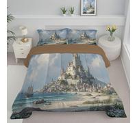 Trapunta Reversibile Spiaggia Retrò Piumino Letto Matrimoniale 4 Stagioni Castello Fantasy Medievale Piumone Leggero Set di Biancheria da Letto Morbida con Federe, 260x230cm, Azzurro Chiaro