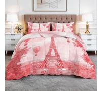 Trapunta romantica con mongolfiera Torre Eiffel, senza rivestimento, 135 x 200 cm, 4 stagioni, trapunta con federa, morbida, traspirante, anallergica, lavabile, per tutto l'anno, colore: rosa