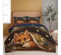 Trapunta Singolo Illustrazione Animale Delle Fiabe 140X200 Cm Lavabile | Piumino E Piumone Microfibra Invernale, Trapunta Reversibile Morbido Volpe Lucciole Patchwork Per Mezza Stagione, Marrone Scuro