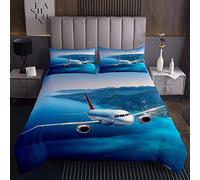 Trapunta Trapuntata per Ragazze Ragazzi Bambini Volanti Aereo Stampa Trapuntata Copriletto Blu Montagna Scenery Set Room Decor Viaggio Trapuntato Matrimoniale Size 3 Pz