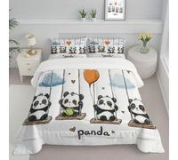 Trapunta Una Piazza e Mezza Per Bambini Con Stampa Panda Dei Cartoni Animati, Trapunta 4 Stagioni, Acquerello Animali, Piumone Bianco, 264x230cm Letto Trapuntato + 2 Federa, Reversibile Piumino