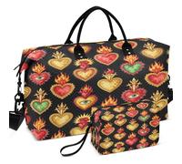 Trapuntato Viaggio Duffel Bag Set All-over Stampato Mesh Divisore Pouch Portatile per Toiletry Organizer, Cuori Messicano Giorni dei Morti Latina Milagros, one size, Retro
