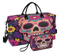 Trapuntato Viaggio Duffel Bag Set All-over Stampato Mesh Divisore Pouch Portatile per Toiletry Organizer, Bunter Mexikanischer Totensch?del Muster Blumen, one size, Retro
