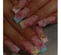 Trasforma le tue unghie, 24 pezzi/set stile Y2K dolce e cool, blocchi di colore rosa e blu fresco, french ondulata 3D, decorazioni 3D con fiori, stelle marine, conchiglie, perle e perline dorate, ungh