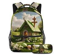Trasporta in modo efficiente i tuoi oggetti essenziali, zaino e astuccio per studenti, casa croce pasquale verde, Multicolore, B：29.4x20x40cm P：19x7.5x3.8cm, Zaini Daypack