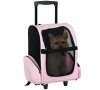 Trasportino Zaino 2 in 1 per Cani e Gatti con Tasche Laterali, Maniglia Telescopica e Ruote, 42x25x55cm, Rosa