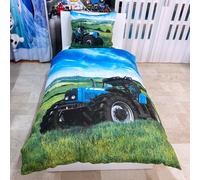 Trattore Blu set Letto Singolo Copripiumino 160x200cm, Biancheria Bambini cotone