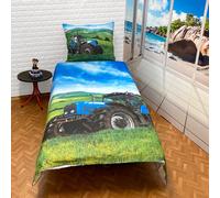 Trattore Blu set Letto Singolo Copripiumino 160x200cm, Biancheria Bambini cotone