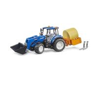 bruder 02187 - New Holland T5.120 con caricamento frontale, scatola di ricarica, forchette e balle rotonde, trattore 1:16, veicoli, fattoria, bulldog