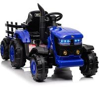Trattore elettrico 12V bambini rimorchio, auto elettrica cavalcabile telecomando, luci a e musica 2 modalità di guida, rimorchio staccabile dai 3 anni in su (Blu)