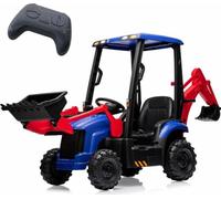 Trattore elettrico 4 in 1 per bambini 12V con telecomando - Caricatore frontale, scavatrice, bulldozer, clacson - Veicolo cavalcabile robusto 2-4km/h - Rosso e blu