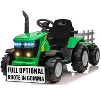 Trattore Elettrico per Bambini 12V con Rimorchio e Ruote in Gomma 2 Marce Soft Start 2 Motori 35W Luci Clacson MP3 USB Telecomando Verde