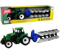 Trattore giocattolo verde con aratro blu