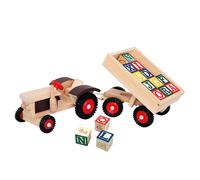 Trattore in legno con rimorchio e blocchetti colorati ABC